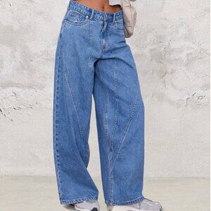 Mid Blue Wash Seam Detail Wide Leg Denim Jeans